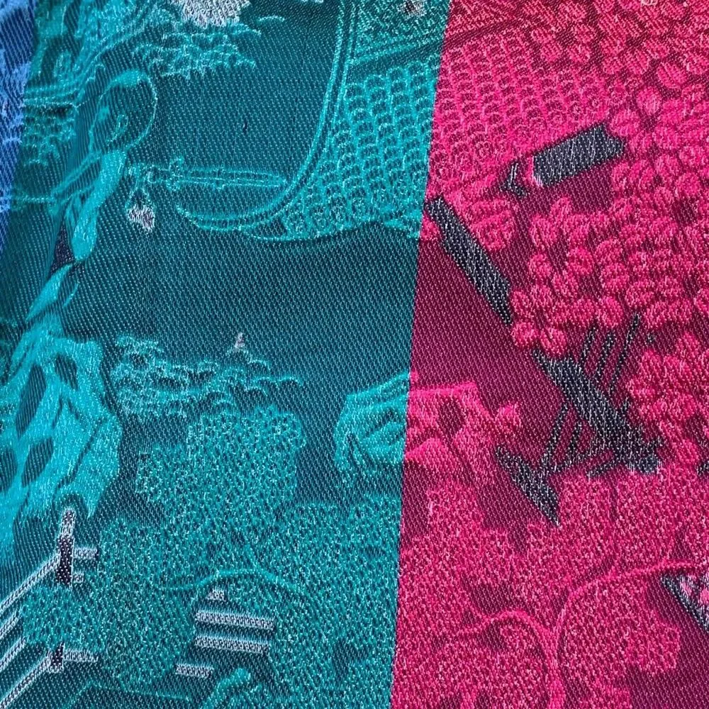 Vintage Asian Oriental Silk Brocade Reverse Image Weave Gold Table 39” X 36”